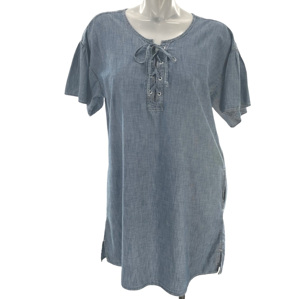 GAP Denim Short Sleeve Dress with Lace Up Collar w/ Side Pockets In Size Large